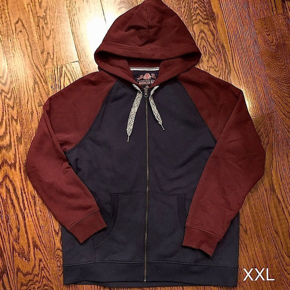 AMERICAN RAG Men’s Navy Wine Raglan Full Zip Hooded Jacket Sweatshirt Sz XXL - Picture 1 of 10